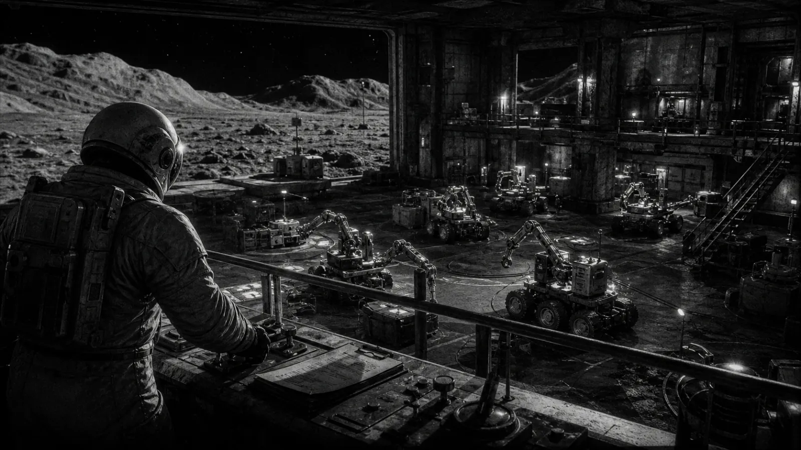 A black-and-white lunar mission control room supervising small autonomous machines
