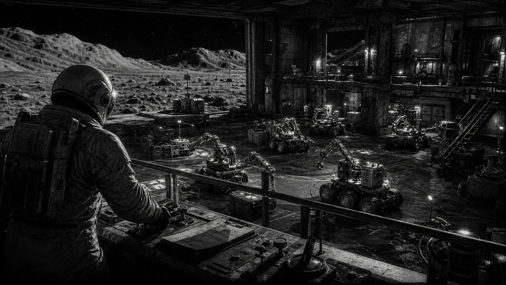 A black-and-white lunar mission control room supervising small autonomous machines