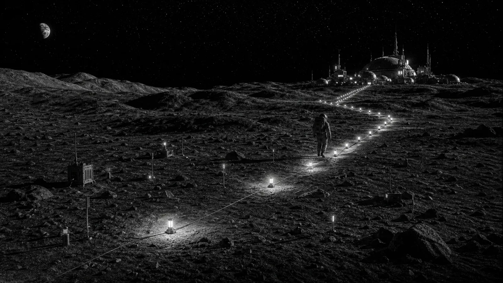 A black-and-white lunar path leading from scattered markers to a built base