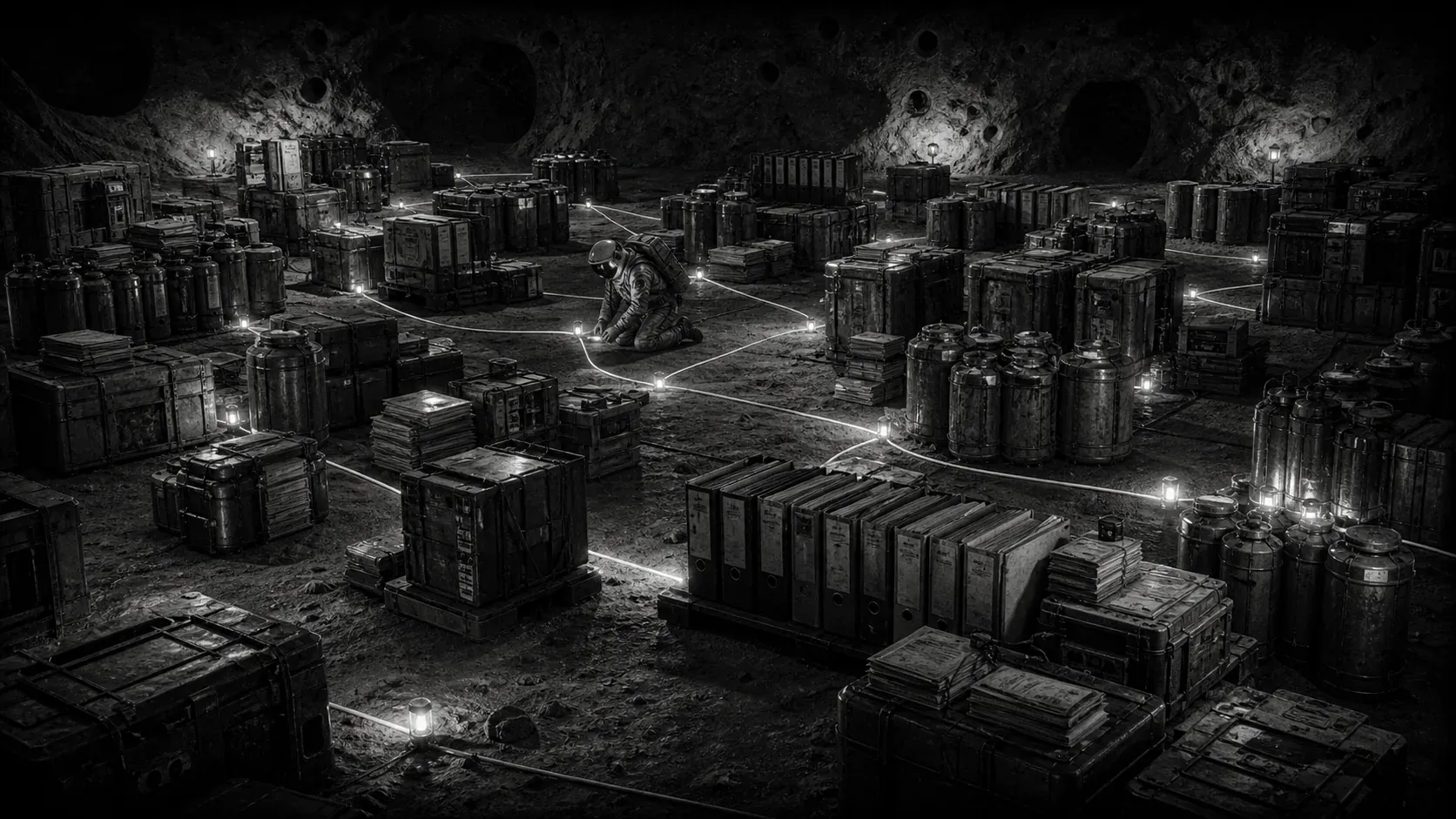 A black-and-white lunar archive room where scattered canisters are being connected by cables