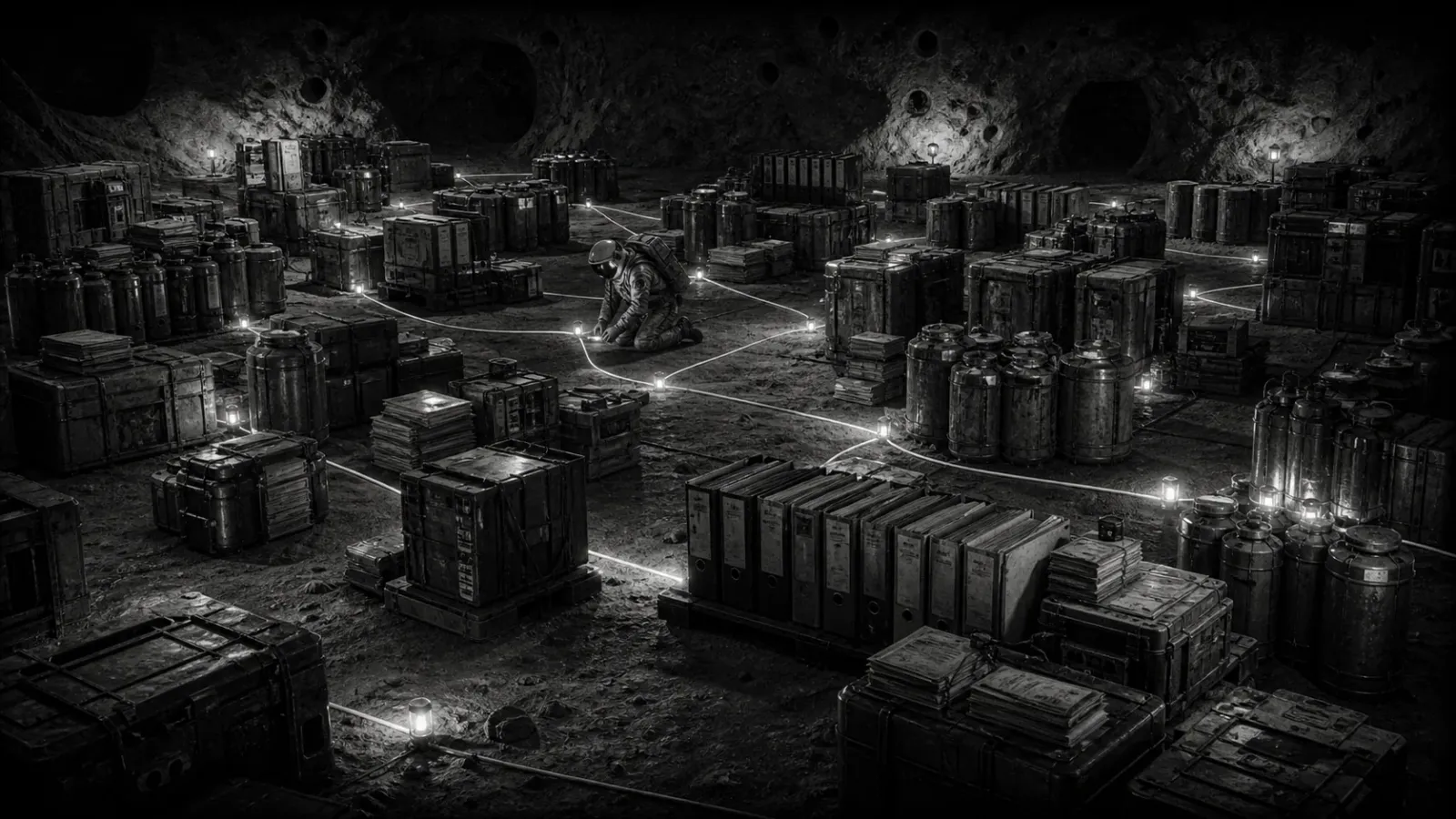 A connected operating map with bright points of context across a dark field