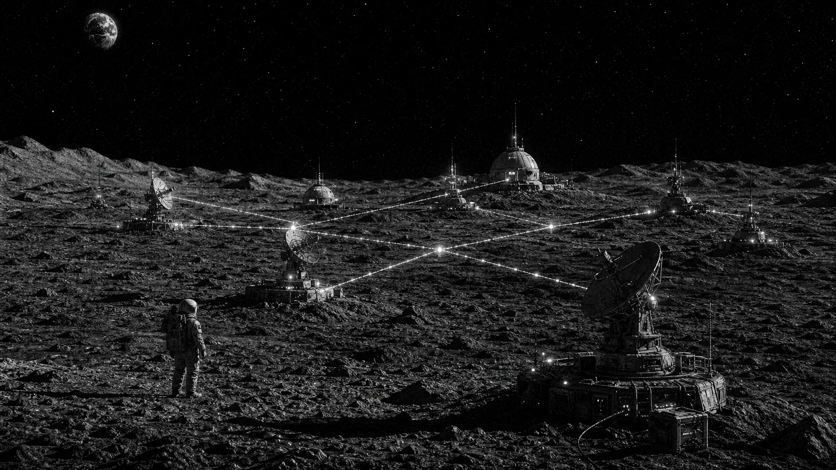 A black-and-white lunar relay field connecting separate outposts into one revenue-like signal network