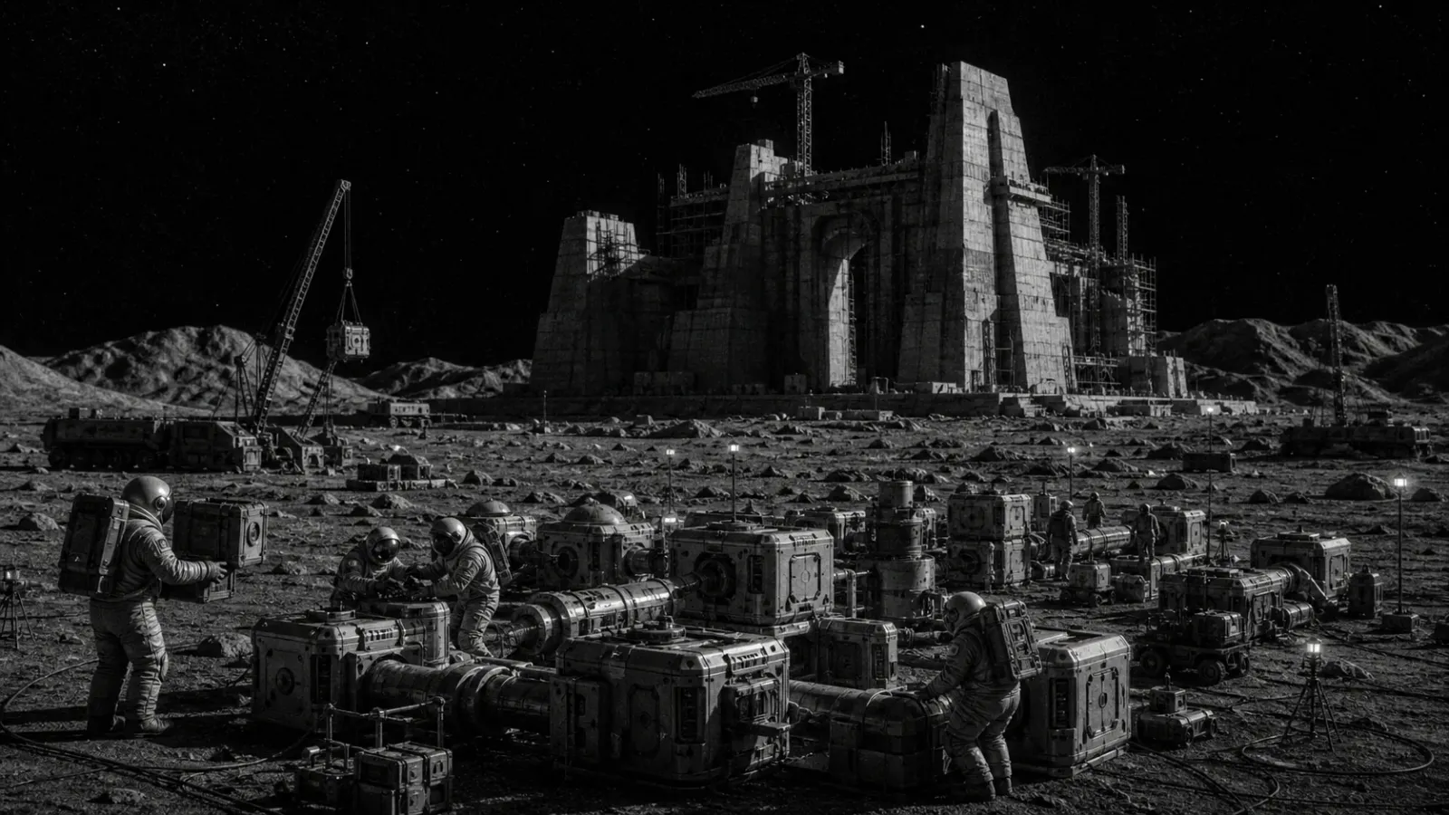 A black-and-white lunar construction site contrasting an abandoned monument with modular base-building