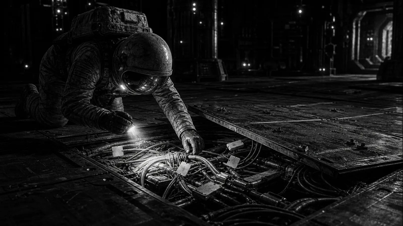 A black-and-white astronaut tracing tangled moon-base cables beneath a floor panel